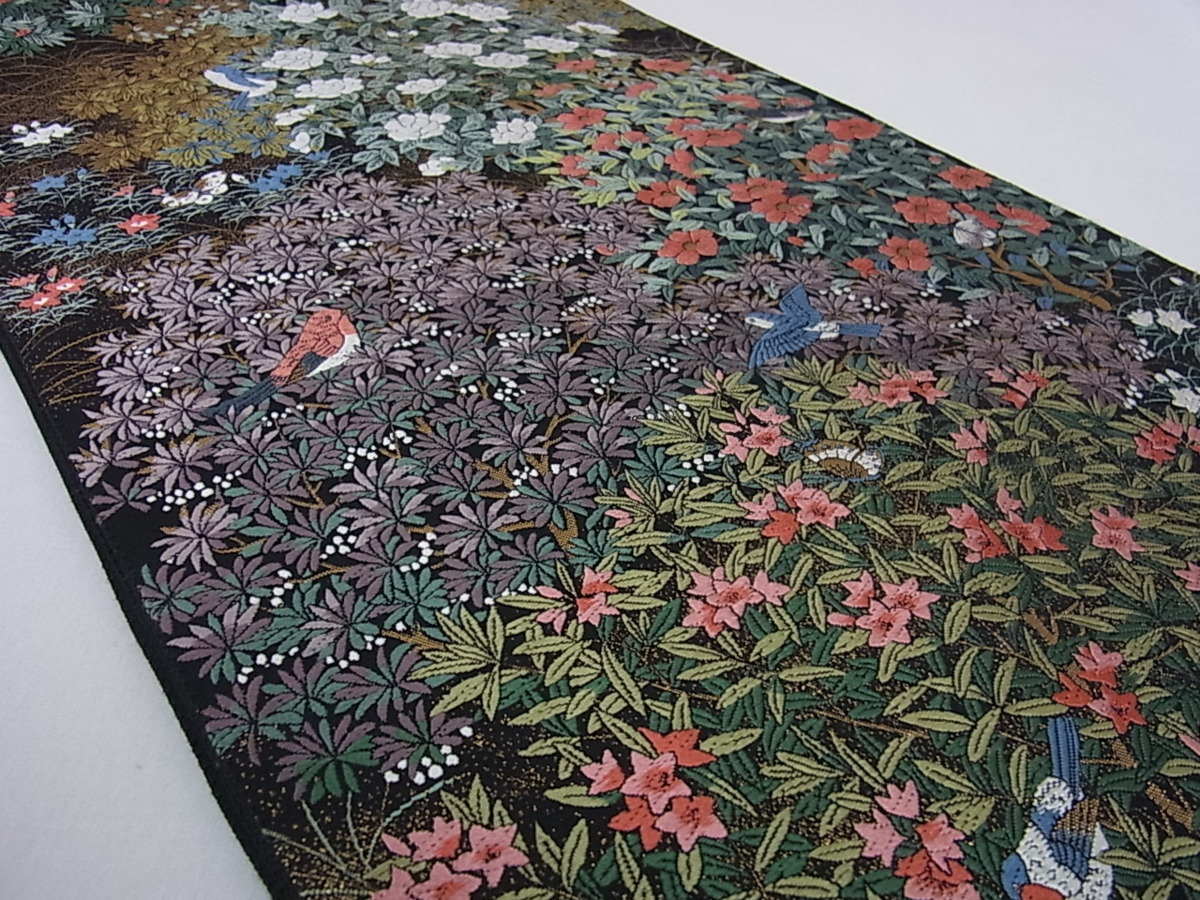 逸品 正絹 ベストストア日本一受賞店!□花美人着物□六通柄袋帯 極微繊細織 名物裂正倉院花鳥文 花美人□花鳥至宝名選 花美人着物■六通柄袋帯 萬参織 花々に小鳥 黒地 金糸 逸品 ps109