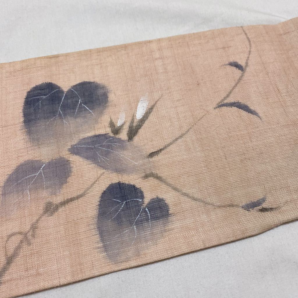 着物月花 手描き染 麻 朝顔の9寸夏名古屋帯 お太鼓柄 夏