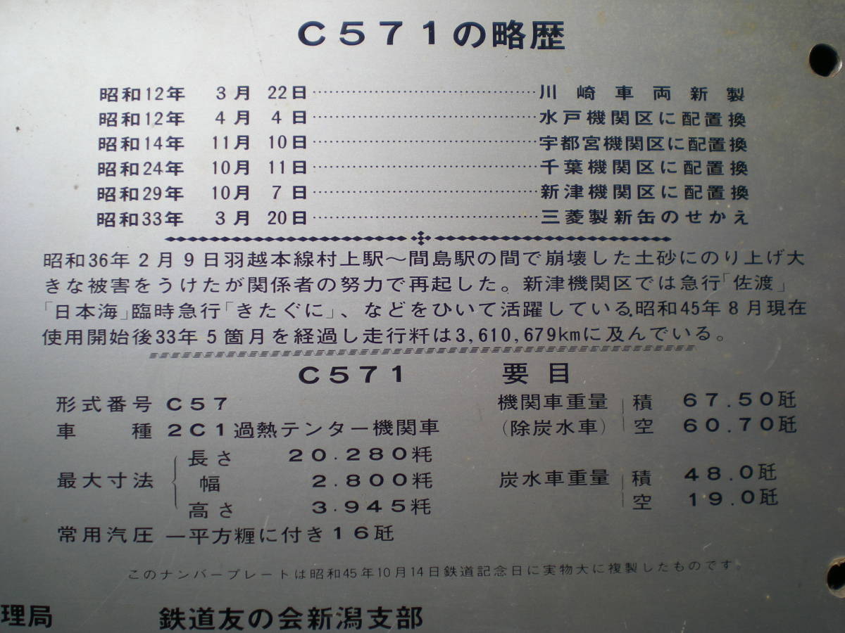 SL☆C571☆蒸気機関車・ナンバープレート・レプリカ実物大記念プレート