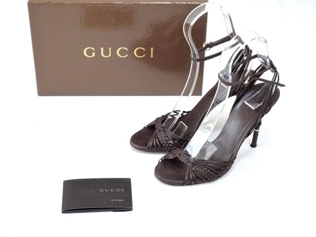 GUCCI｜グッチ】バンブーヒール ストラップサンダル 編み込みレザー 細 