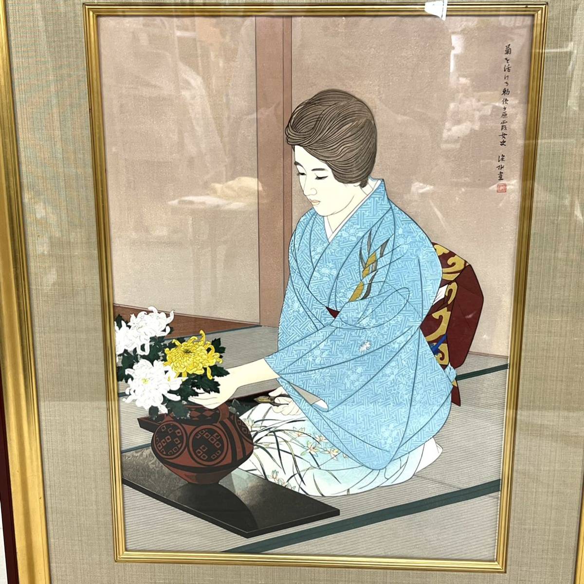 調整 価格 AYA046○伊東深水 木版画 「菊を活ける」□NH815 【公式通販】