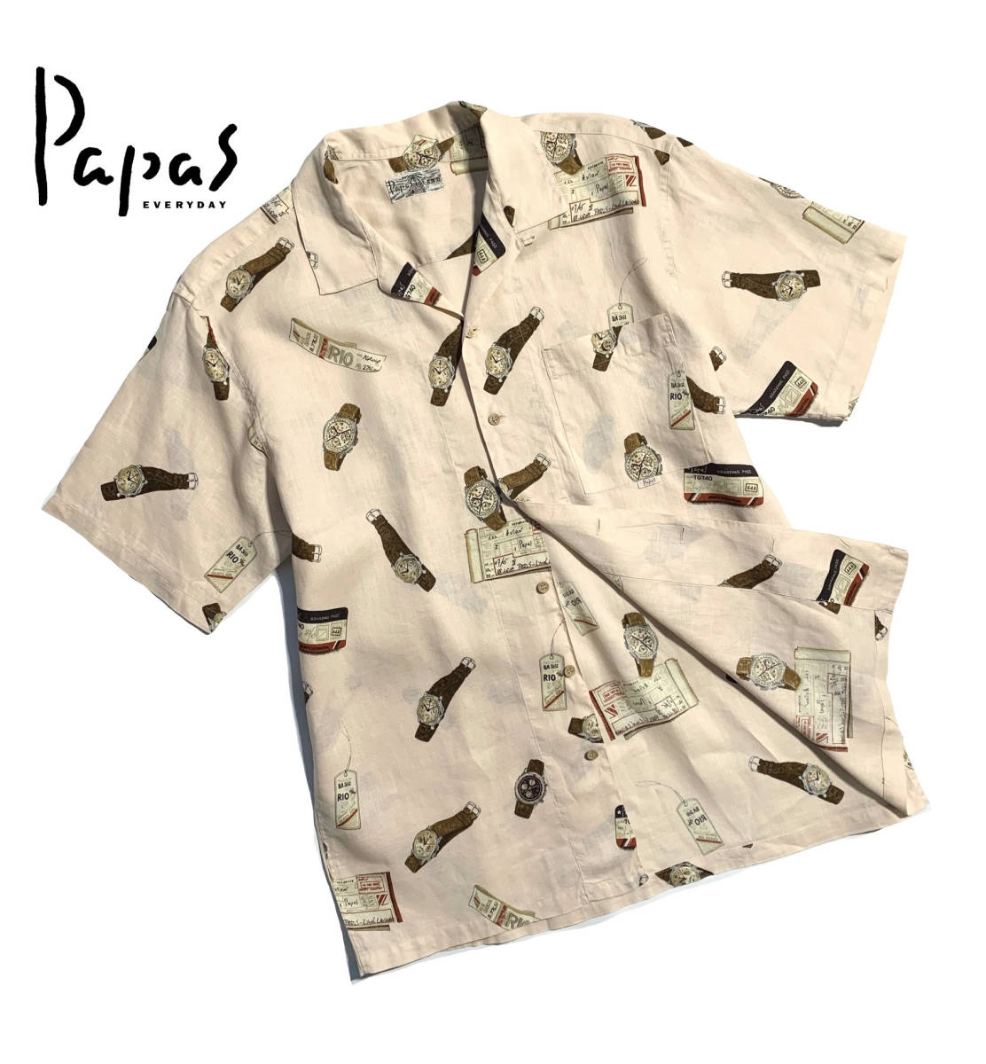 最高級【定価2.7万】Papas パパス 総柄 半袖シャツ L (50) リネン 時計 航空チケット柄【専門店クリーニング済】送料370円 アロハ 日本製 パパス 総柄 最高級定価2.7万Papas 総柄雰囲気抜群のハワイデザイン麻100％ 送料430円 ダブルガーゼ