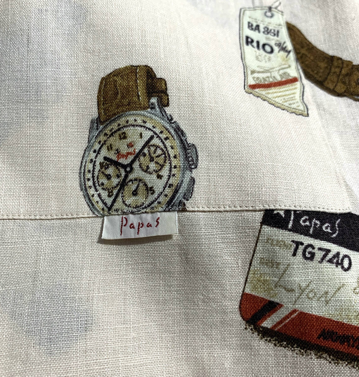 最高級【定価2.7万】Papas パパス 総柄 半袖シャツ L (50) リネン 時計 航空チケット柄【専門店クリーニング済】送料370円 アロハ 日本製 パパス 総柄 最高級定価2.7万Papas 総柄雰囲気抜群のハワイデザイン麻100％ 送料430円 ダブルガーゼ