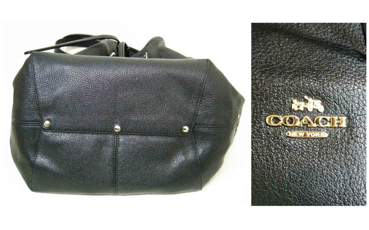 □COACH【コーチ】黒 革 レザー 巾着 バケツ 型 肩掛け ショルダー 