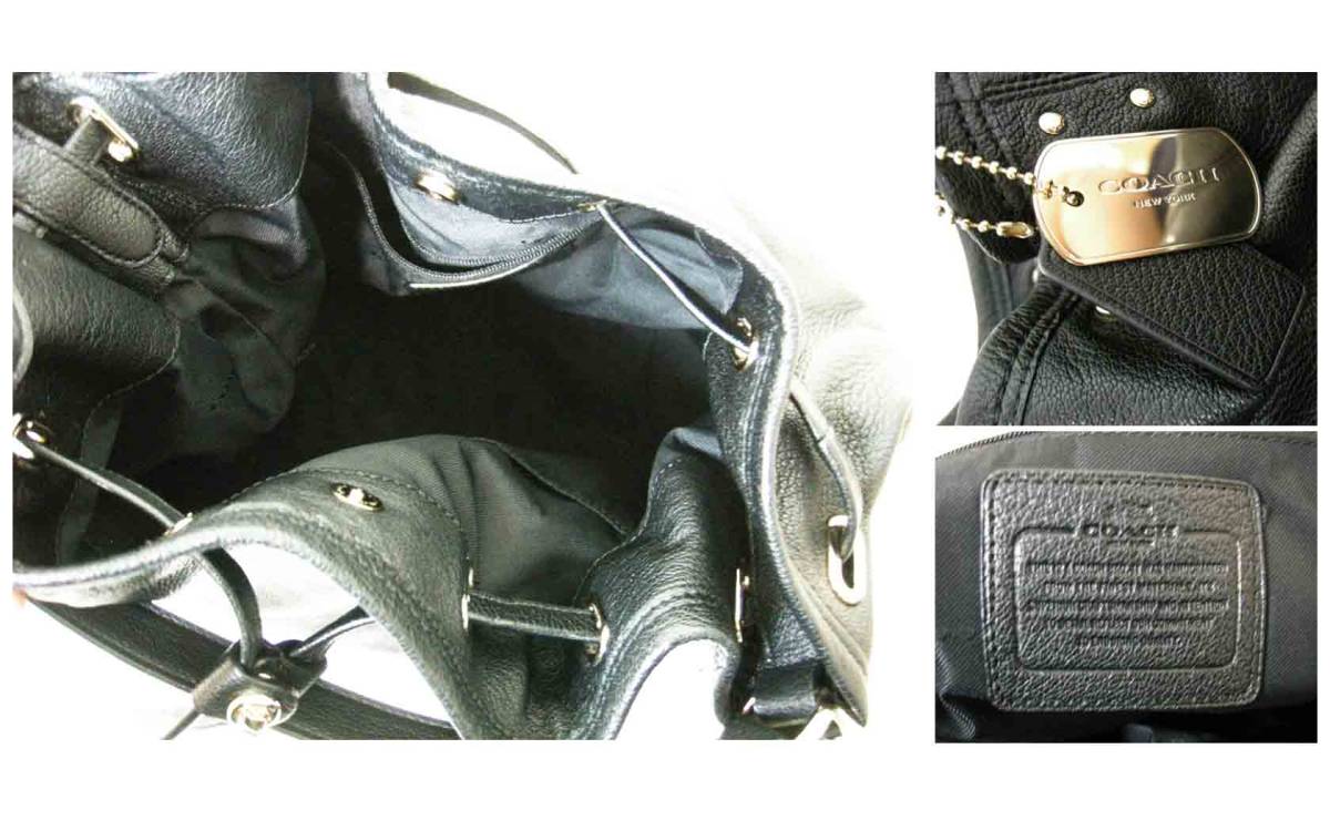 □COACH【コーチ】黒 革 レザー 巾着 バケツ 型 肩掛け ショルダー 