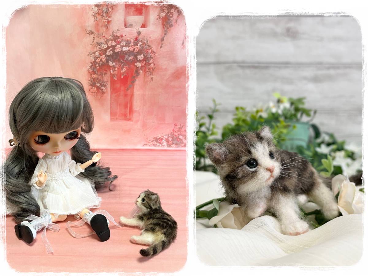 ハンドメイド キジシロ猫 羊毛フェルト 人形 ミニチュア 猫 ドール 