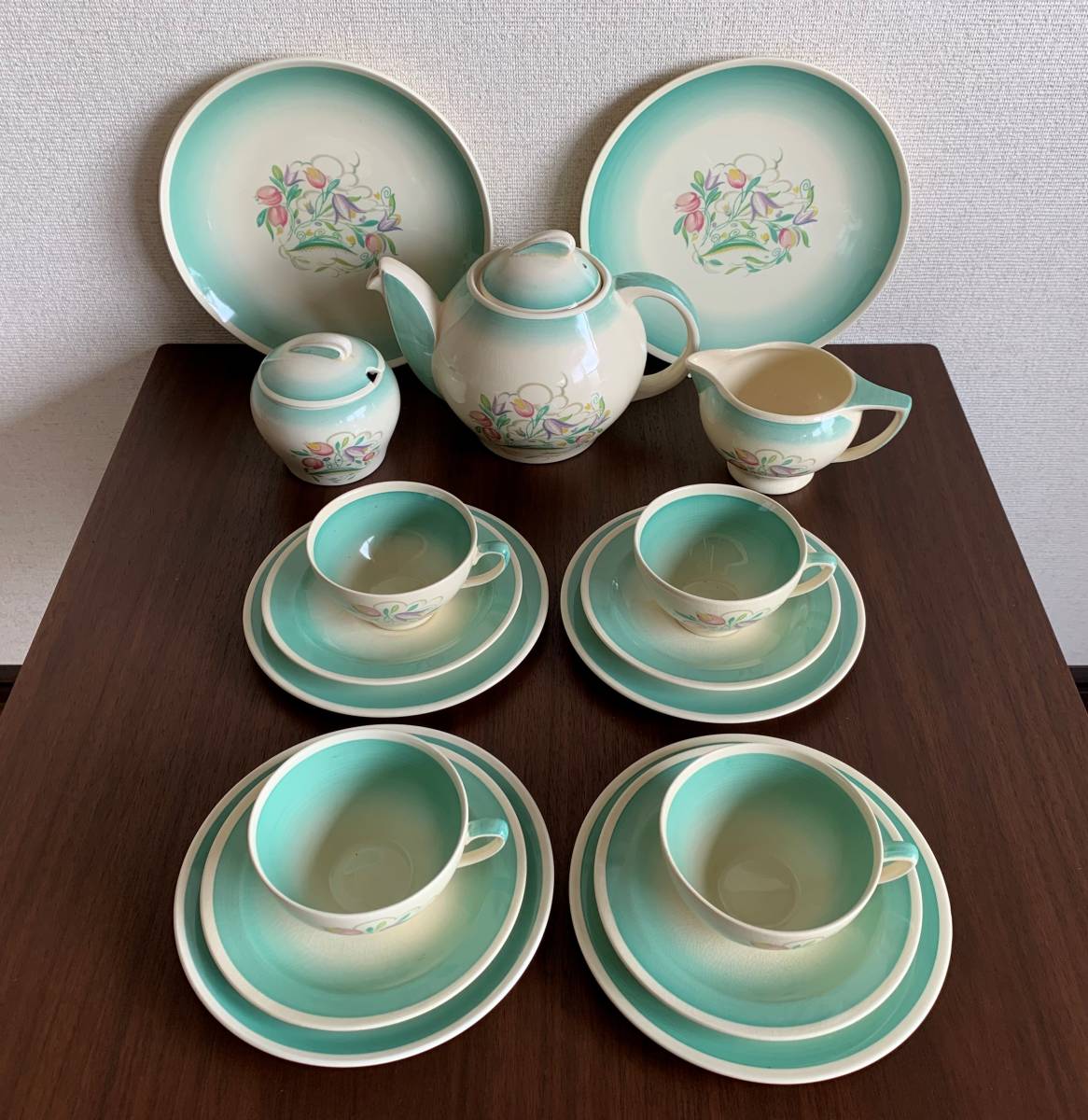 Susie Cooper スージークーパー 「 ドレスデンスプレイ（Dresden Spray) グリーン 」 ティーセット 17点 1935年～1940年代_2
