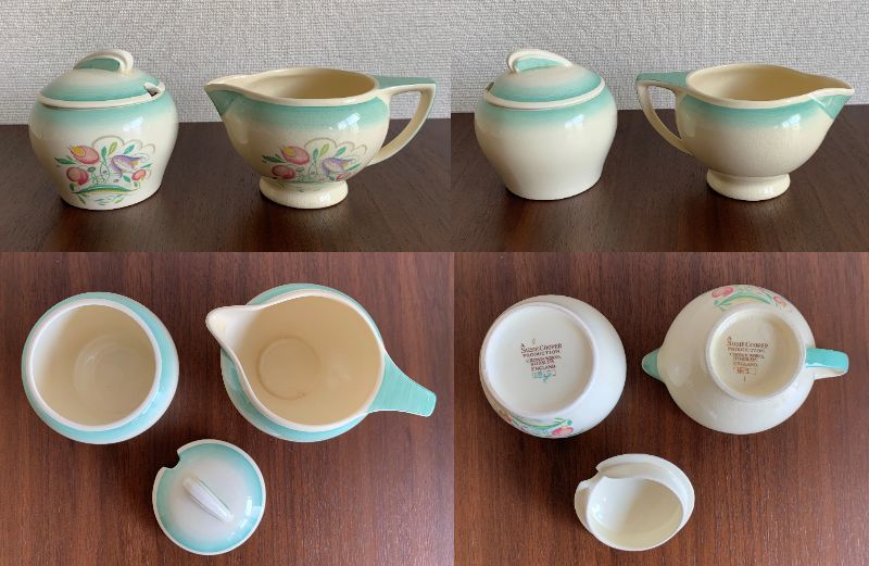 Susie Cooper スージークーパー 「 ドレスデンスプレイ（Dresden Spray) グリーン 」 ティーセット 17点 1935年～1940年代_5