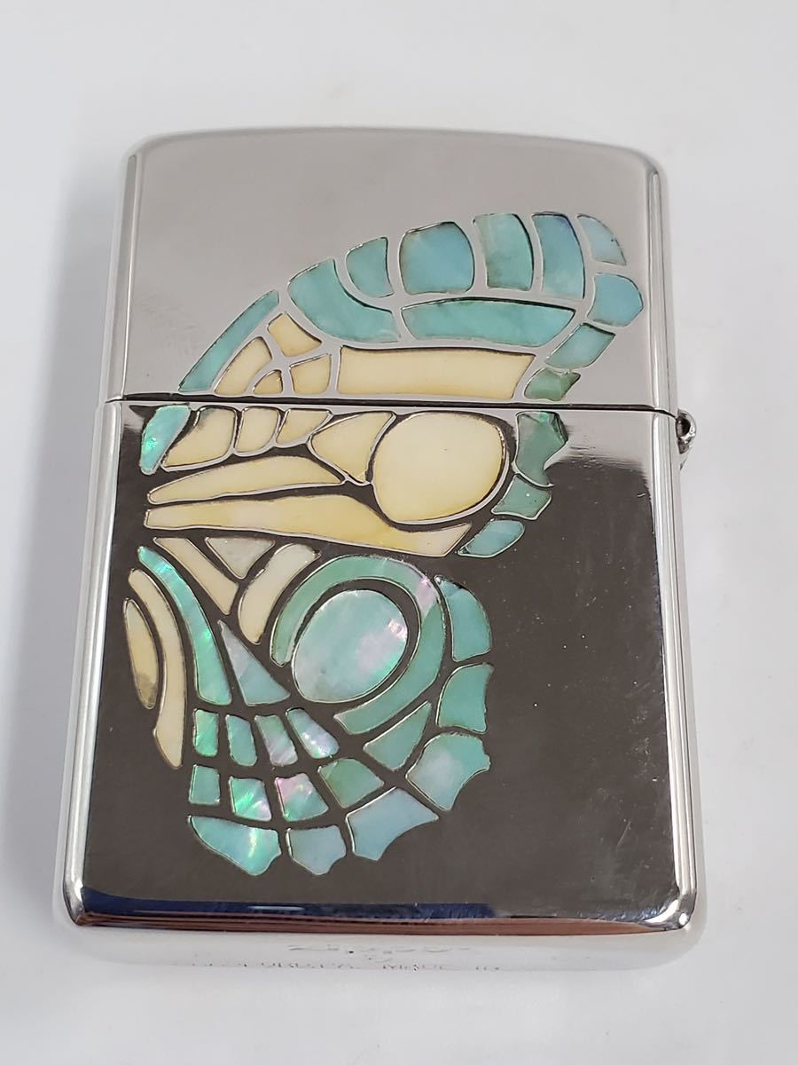 1円スタート ZIPPO ジッポー 貝象嵌 デザイン シェル 両面加工 火花 