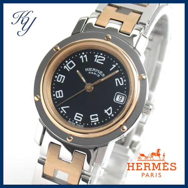 1円~ 3ヶ月保証付き 磨き済み 美品 本物 定番 人気 HERMES エルメス クリッパー CL4.220 コンビ Dバックル ブラック レディース 時計