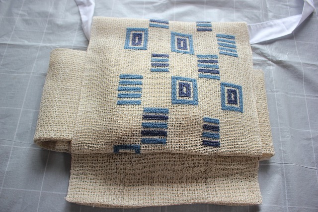 一点物×一生モノ正絹 紋紗の半幅帯 リバーシブル 水色 グレー 涼しげ