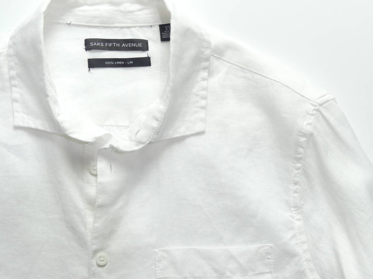 春夏物16，000円新品SAKS FIFTH AVENUEサックス・フィフス★真夏の長袖リネン100%！タックアウト向け白シャツ【XXL＝日本4XL】
