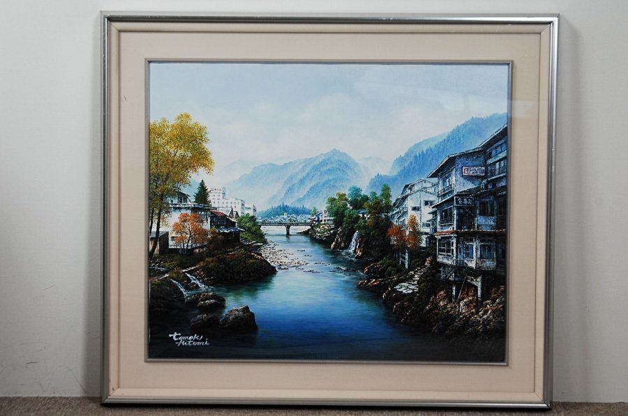 【真作】160705002◆人見友紀　油彩　「郡上八幡」　F20　額装◆伝説の逃亡画家　岐阜県　ｔ_2