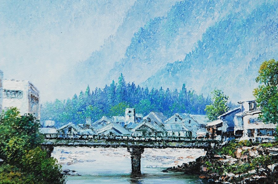 【真作】160705002◆人見友紀　油彩　「郡上八幡」　F20　額装◆伝説の逃亡画家　岐阜県　ｔ_4