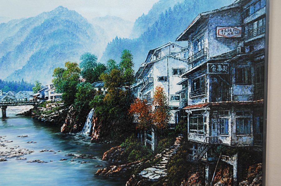 【真作】160705002◆人見友紀　油彩　「郡上八幡」　F20　額装◆伝説の逃亡画家　岐阜県　ｔ_5