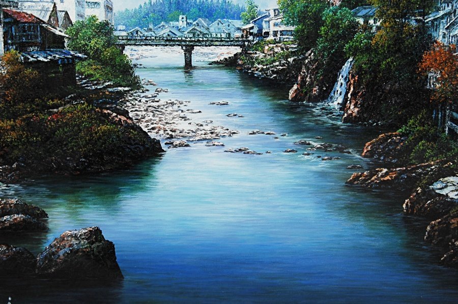 【真作】160705002◆人見友紀　油彩　「郡上八幡」　F20　額装◆伝説の逃亡画家　岐阜県　ｔ_7