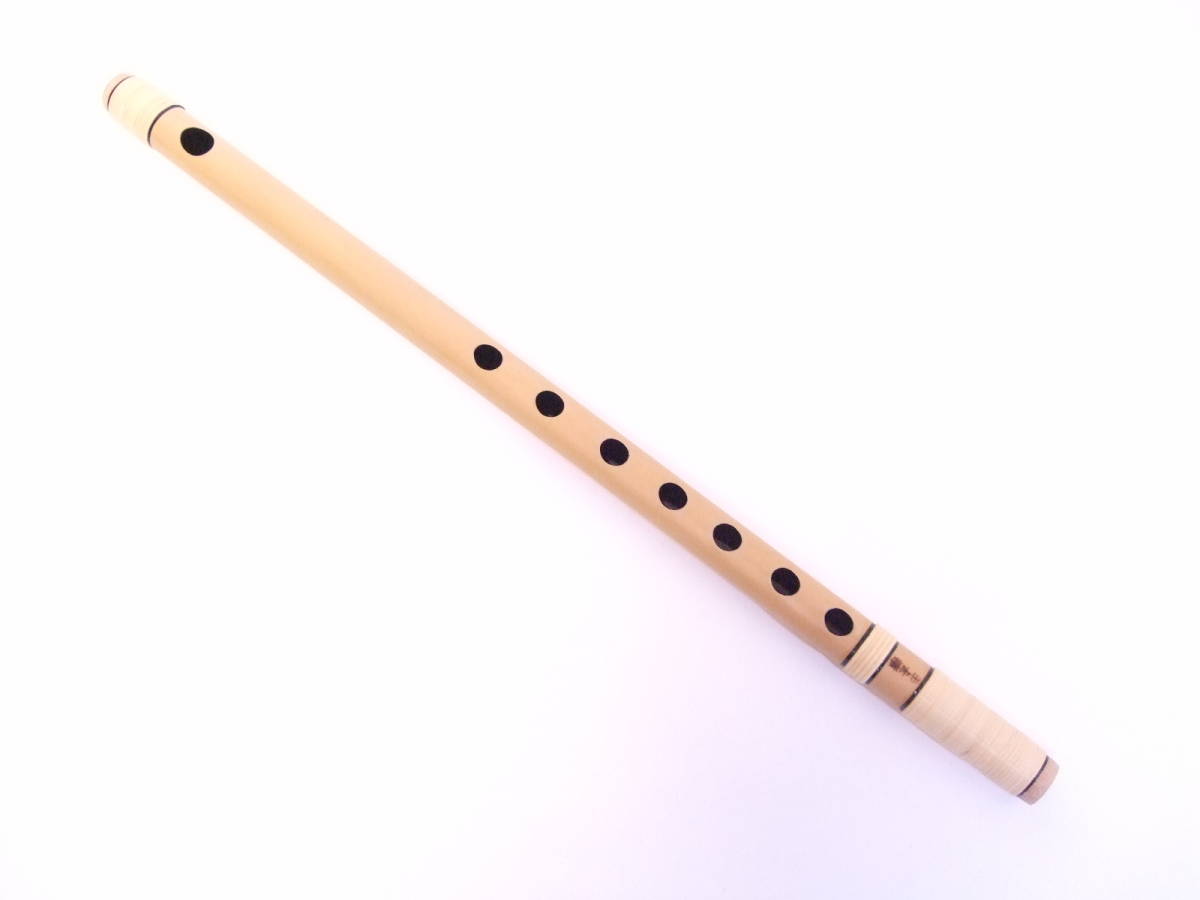 27篠笛 紫山 7穴 八本調子 獅子田 籐両巻 内部黒塗 未使用品 古典調 お囃子用