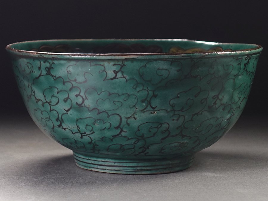 古九谷 角福銘 時代青手波縁楼閣山水文大鉢 九谷焼 古