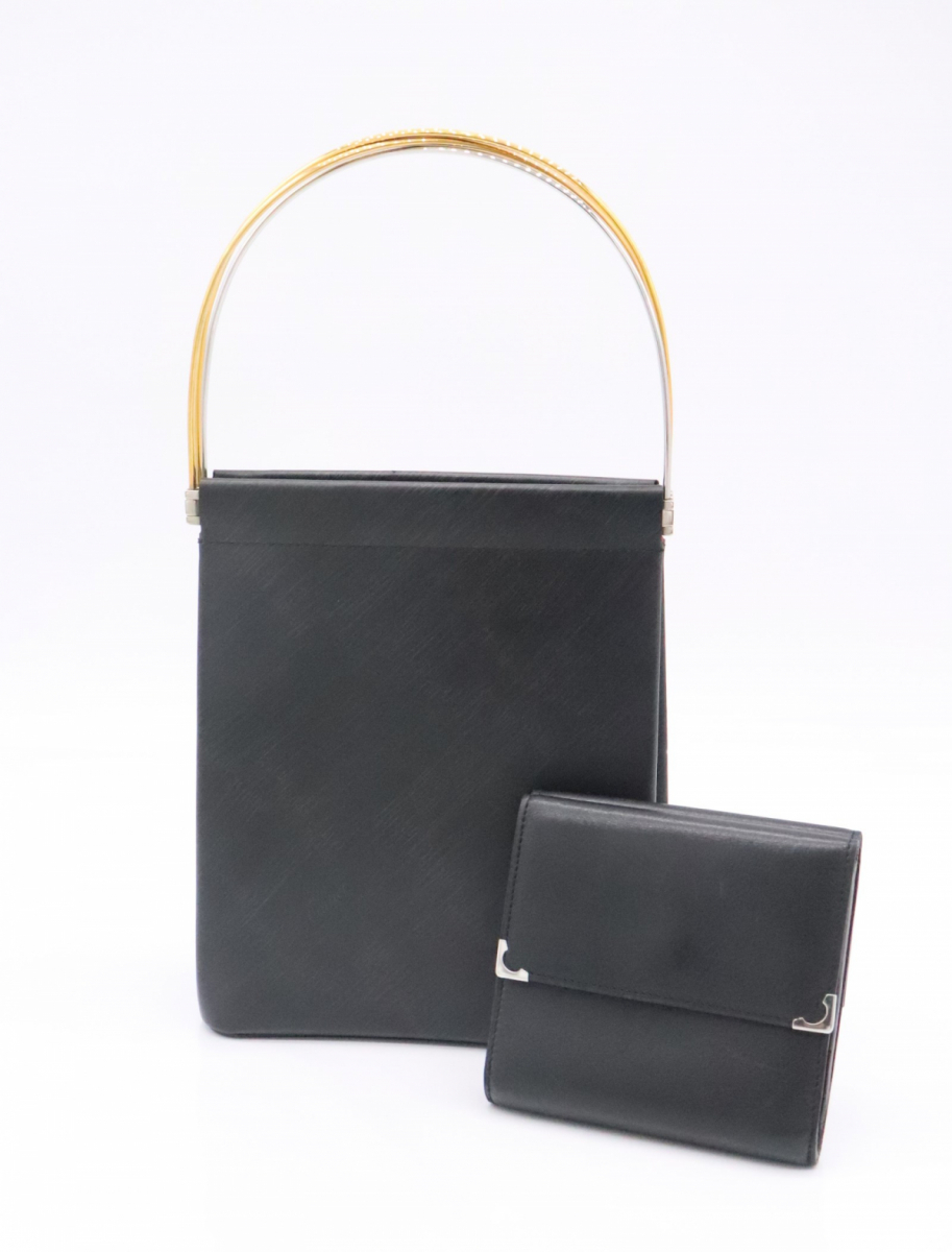 【ト滝】 美品 Cartier カルティエ 2点セット パーティバッグ ハンドバッグ ブラック 財布 レザー ゴールド×シルバー カード DC175DEC23