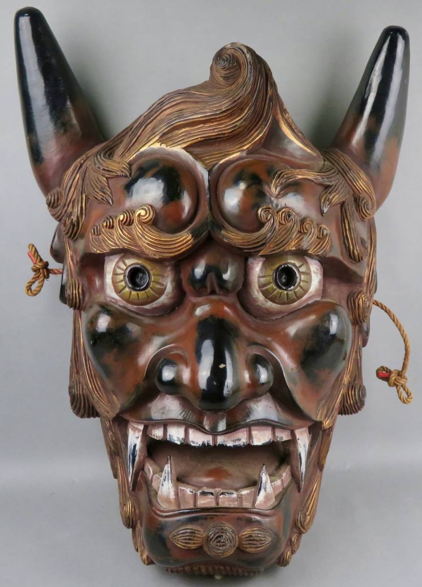 時代がある希少な大型作品【彩色木彫 般若】鬼面 壁掛け 魔除け 能面