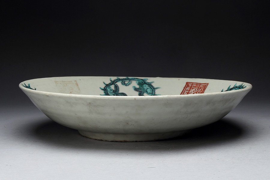 CI258 時代物 呉須赤絵山水楼閣紋大盤 直径38cm・五彩海市蜃楼開窓山水