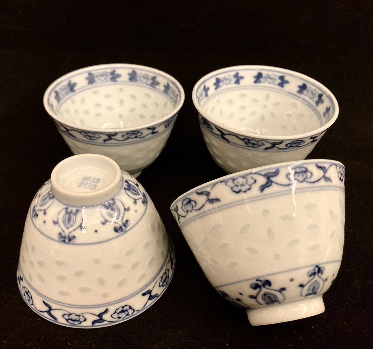 景徳鎮 蛍 青花蛍手茶碗 4客 蛍焼き 景徳鎮製 玲瓏 染付 中国美術