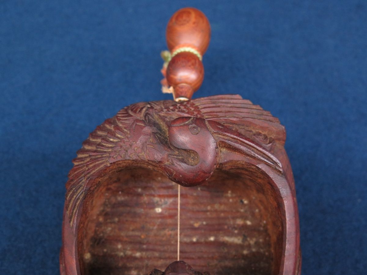 ☆大工道具 木彫墨壺 在銘 坪栄作「鶴亀之図」☆工芸品/天然木/消費税0 