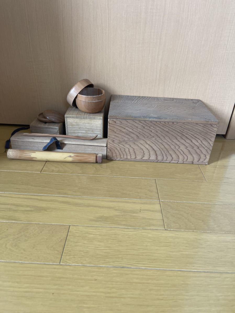 渓哉作/高野山千古杉材/香合/平棗/茶杓/共箱/茶道具/骨董品/伝統工芸品