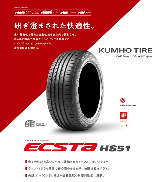 ECSTA HS51 74V PREMIUM &amp; 16の通販 在庫品 4本 クムホ エクスタ HS51 165/45R16 KUMHO ECSTA エブリィ インチアップ 送料税込 22，000～
