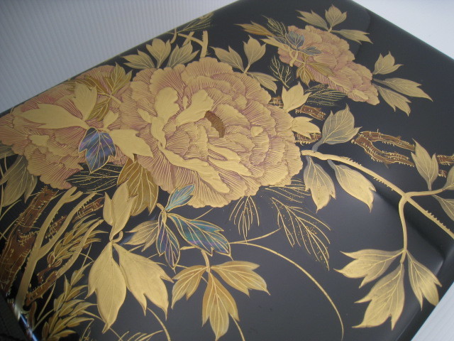 輪島塗 暁雲 本堅地布着 黒真塗 牡丹鈿入金蒔絵 文箱 未使用 保管品