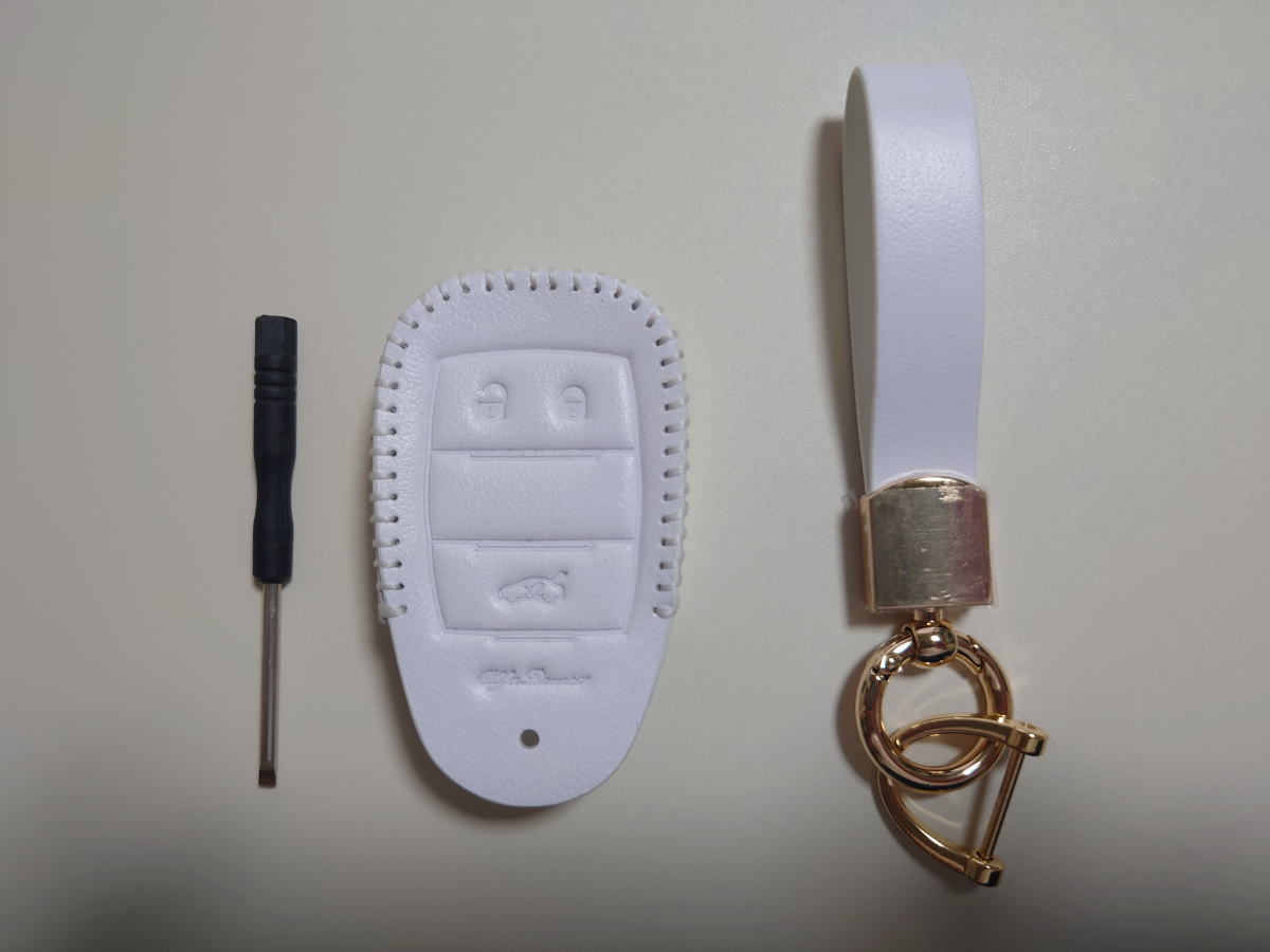 [1セットのみ]アルファロメオ 新型ジュリア ステルヴィオ トナーレ 向け ホワイト レザーキーカバー 付属品付 白ステッチ