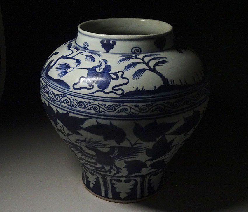 緑屋hc□ 中国古玩 元染 染付 大花瓶 幅約31.5cm 唐物 時代物 i9/8
