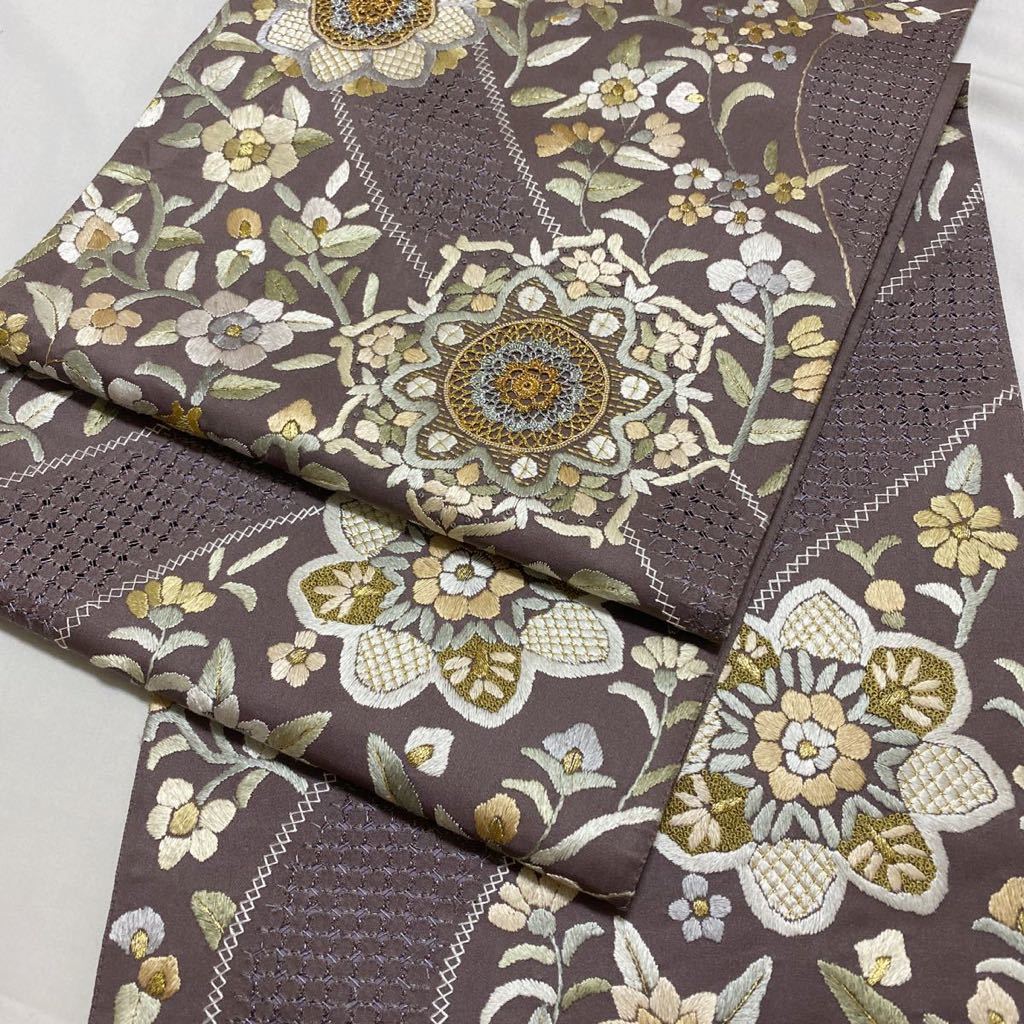 総刺繍 相良刺繍 汕頭刺繍 袋帯 六通 宝相華文様 正絹 着物月花 三大総刺繍 蘇州刺繍 相良刺繍 汕頭刺繍 唐花華文様の袋帯 六