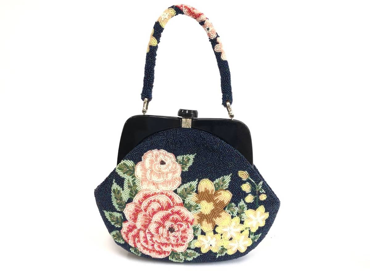 ビーズバッグ 花柄 | がま口 ピンク ハンドバッグ パーティーバッグ 