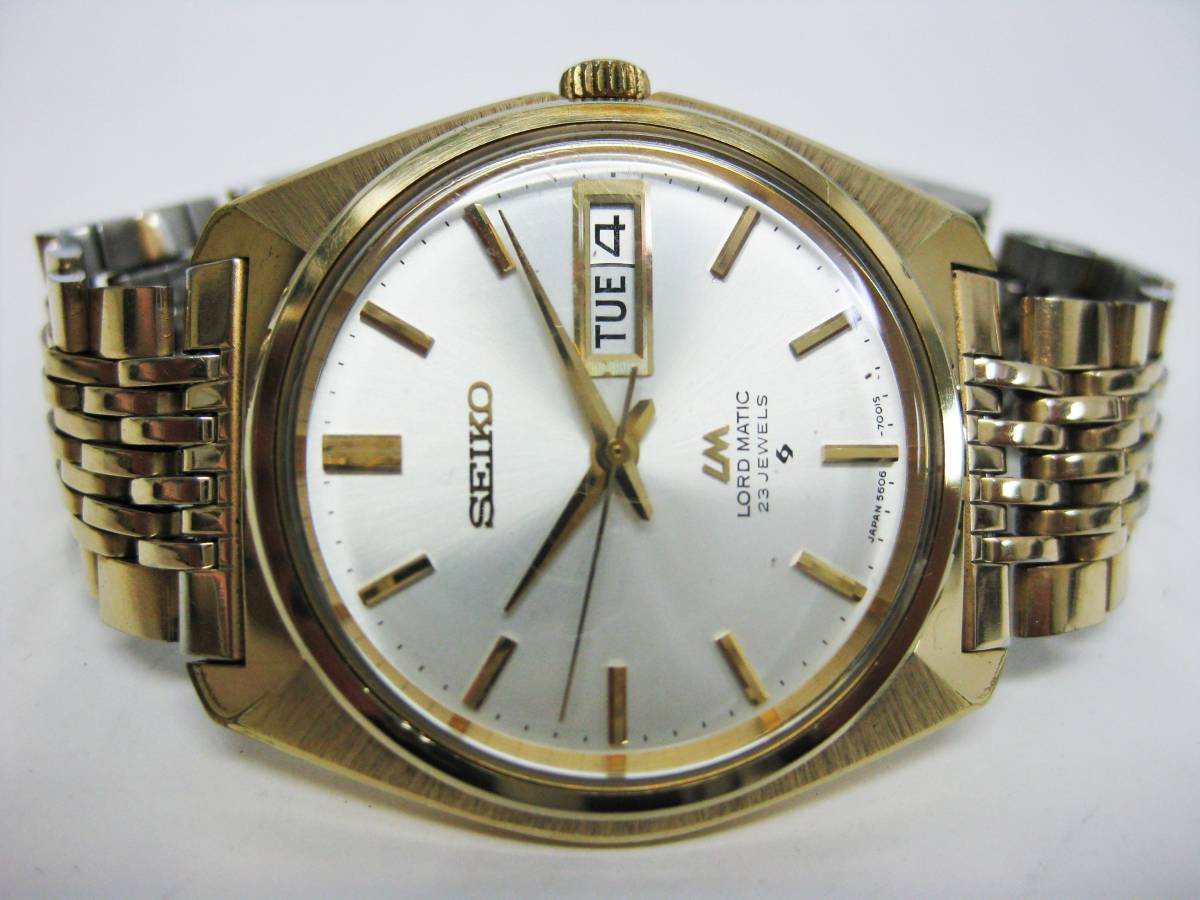 【YT-B⑲19】SEIKO/セイコー 5606-7000 LORD MATIC、LM、ロードマチック 3針デイデイト 自動巻 23石 ゴールドカラー 稼働品