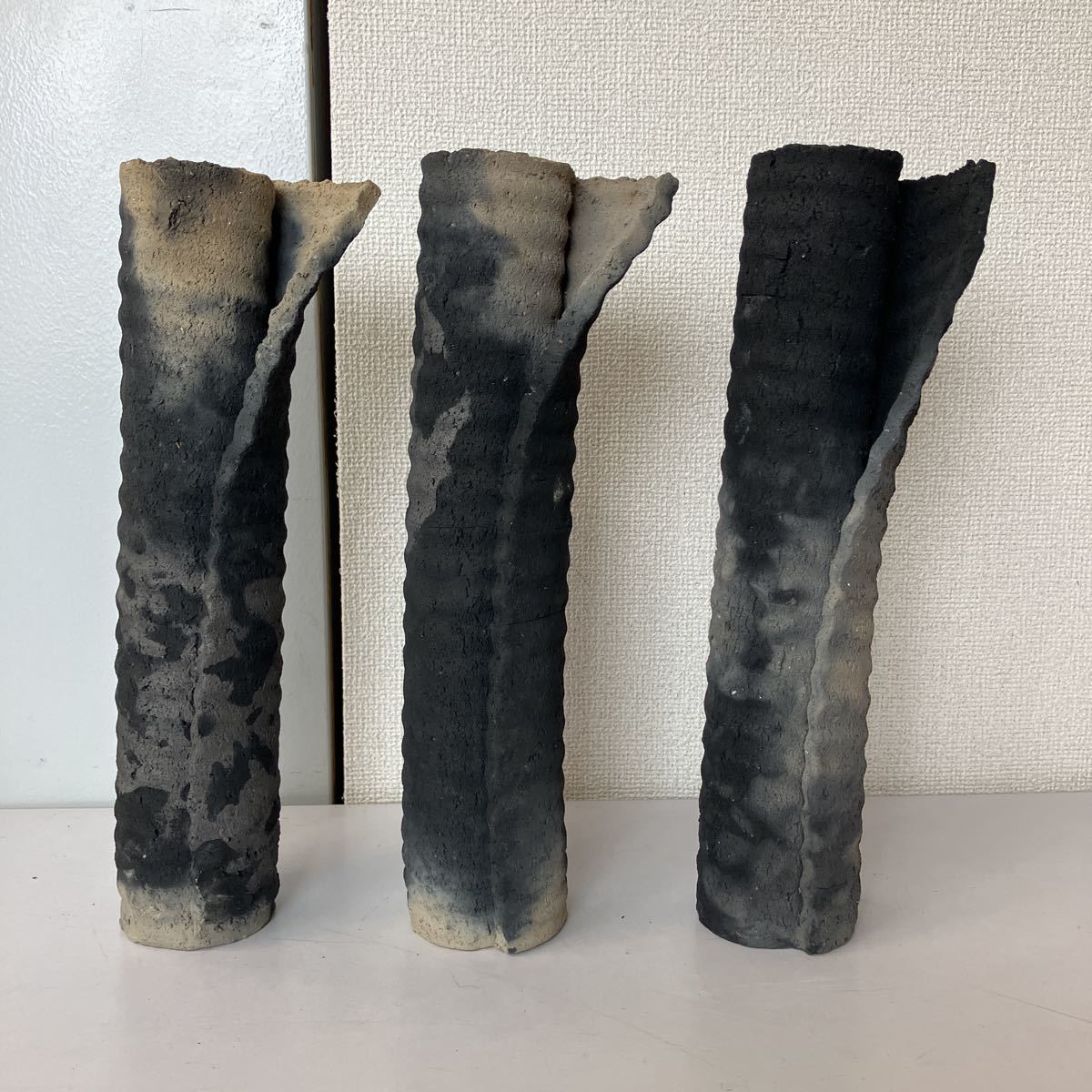 送料無料 中古品 坂田甚内 益子焼 黒陶 花瓶 花器 3本セット ⑫