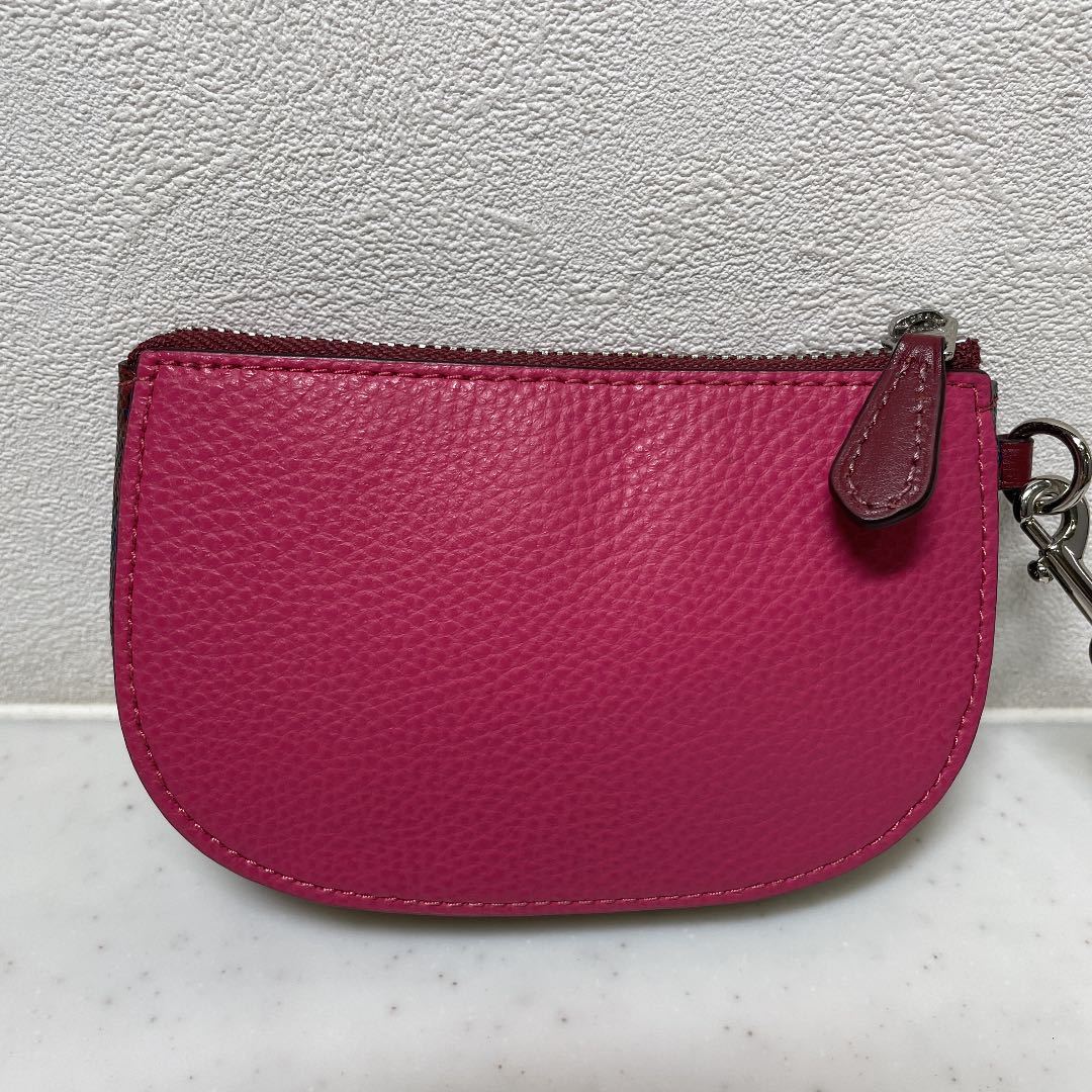 美品◇COACHコーチ ストラップ付きウォレットポーチ ピンク レザー 花 