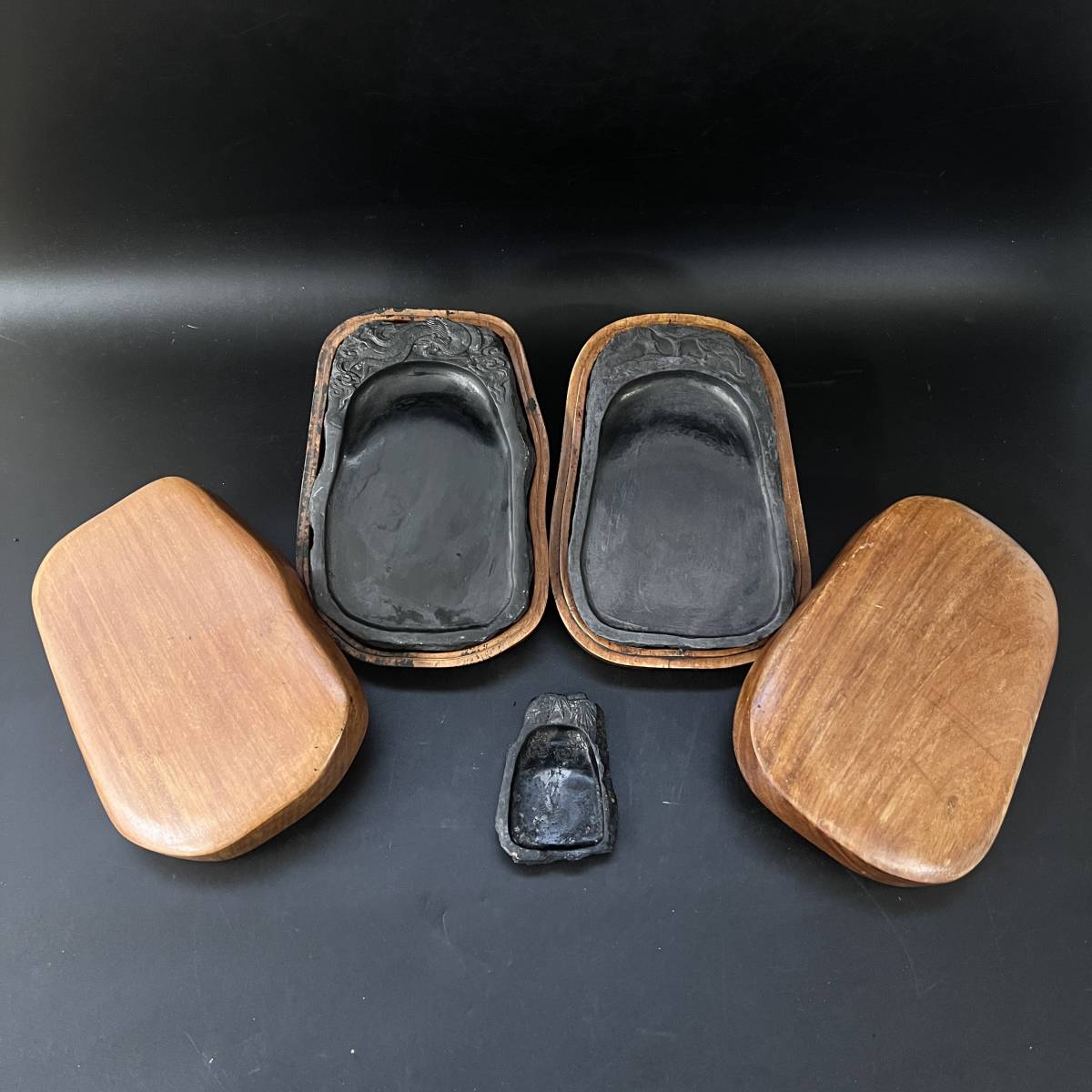 端渓硯 時代物 唐木天地蓋 中国美術 端渓天然型花鳥硯 老炕 在