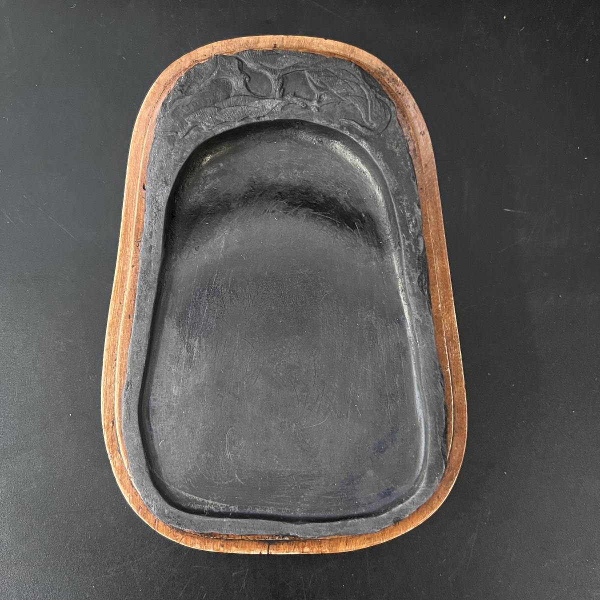 端渓硯 時代物 唐木天地蓋 中国美術 端渓天然型花鳥硯 老炕 在