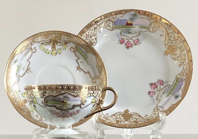 オールドノリタケ トリオ 公式通販 販売店 美品！ 湖水風景と小バラ柄