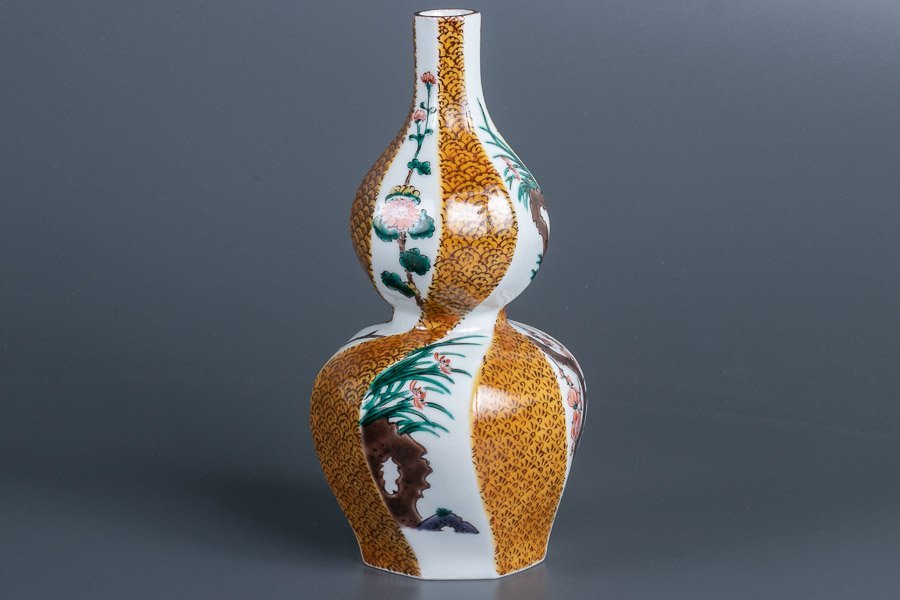 九谷の名工 三ツ井為吉作 色絵 十網図 香炉 K84 共箱 九谷