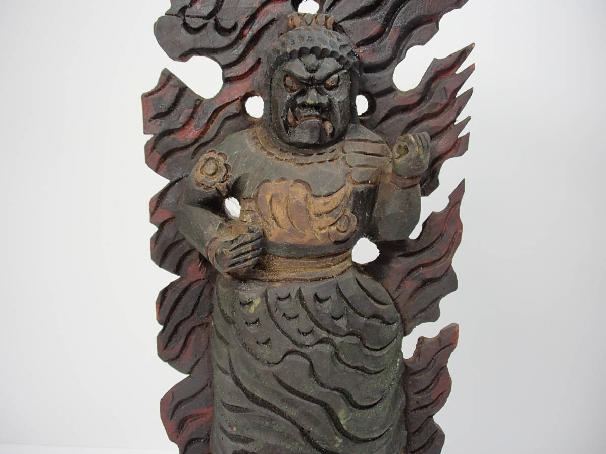 仏教美術 木彫金彩色 火焔光背 不動明王坐像 特大高さ110cm 時代 細密