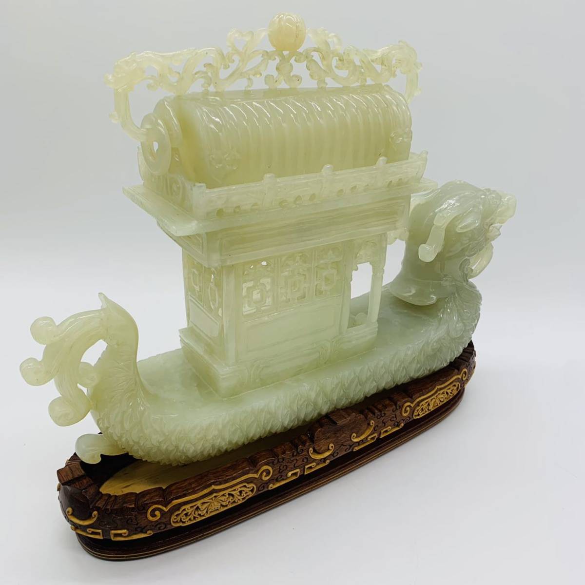 中国古玩 砡彫香炉 三足 遊環 玉彫刻 砡製翡翠龍細密