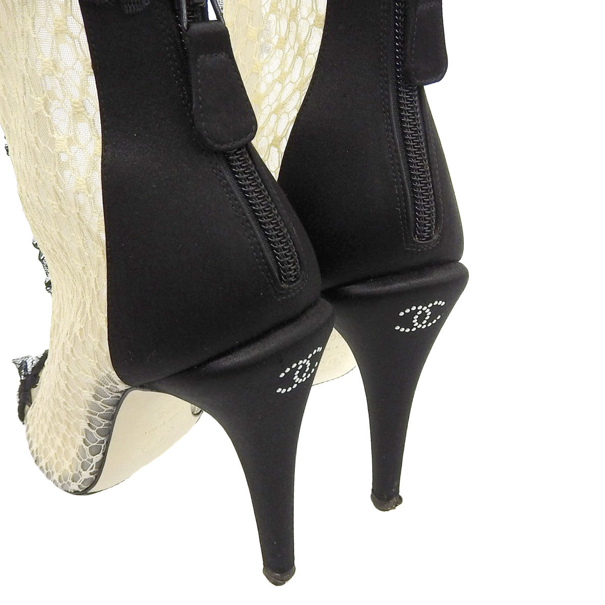 シャネル CHANEL 白レースヒール パンプス オープントゥ レース×レザー 
