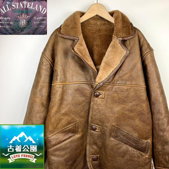 ★サイズM★ALL STATELAND★リアルムートンコート ムートンジャケット ランチコート 羊革 ブラウン 毛皮 レザー メンズ T1938古着公園