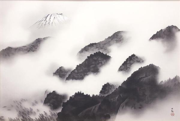 横山大観 | 日本画 絹本 共箱 「雨霽る」複製画 掛軸 工芸 O-