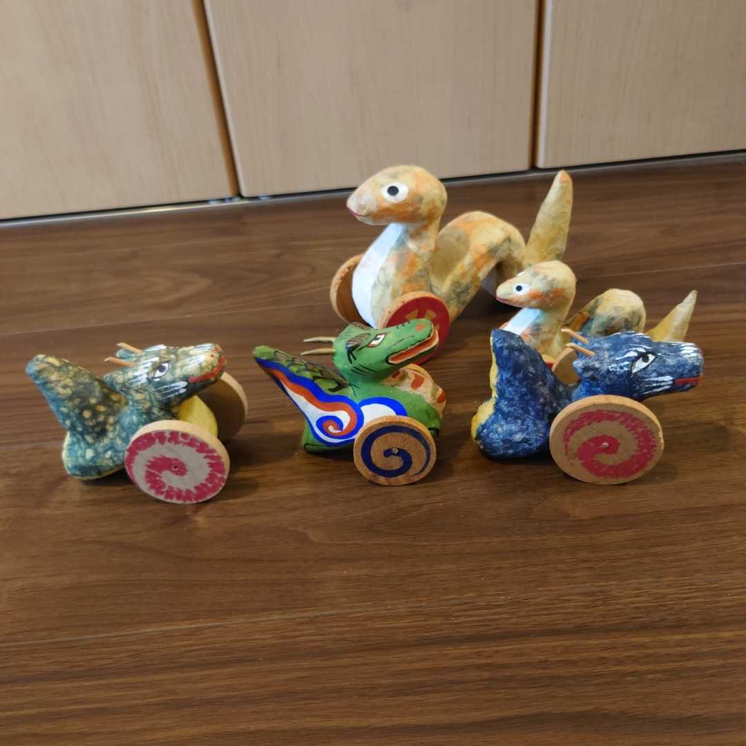 山口民芸『蛇車』／ビンテージ 郷土玩具 民藝 フォークアート 張子 郷土玩具 福島県発 張子車 詳細不明 検:辰、竜、蛇、へび 三春張子