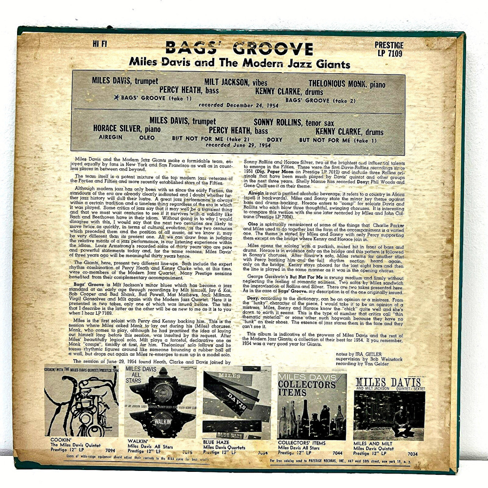 Bags' Groove / Miles Davis / Prestige PRLP 7109 / 50th ST.オリジナル美盤(ジャズ一般