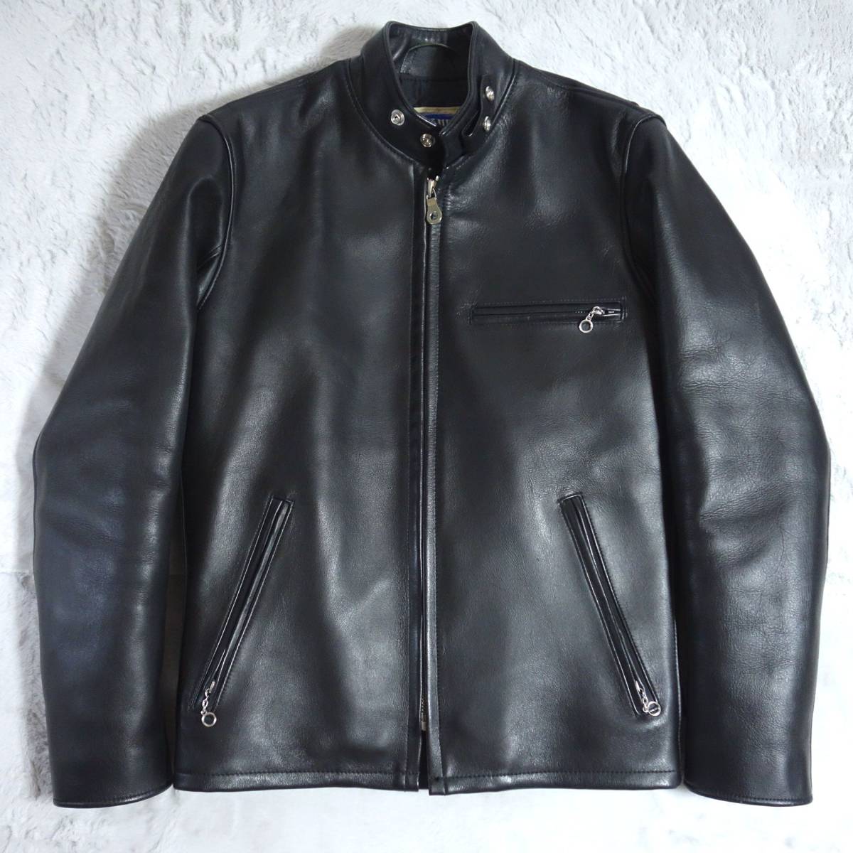 【美品】BLUE PAINT ブルーペイント 立襟 シングル レザーライダースジャケット 中綿入り ブラック/黒 34