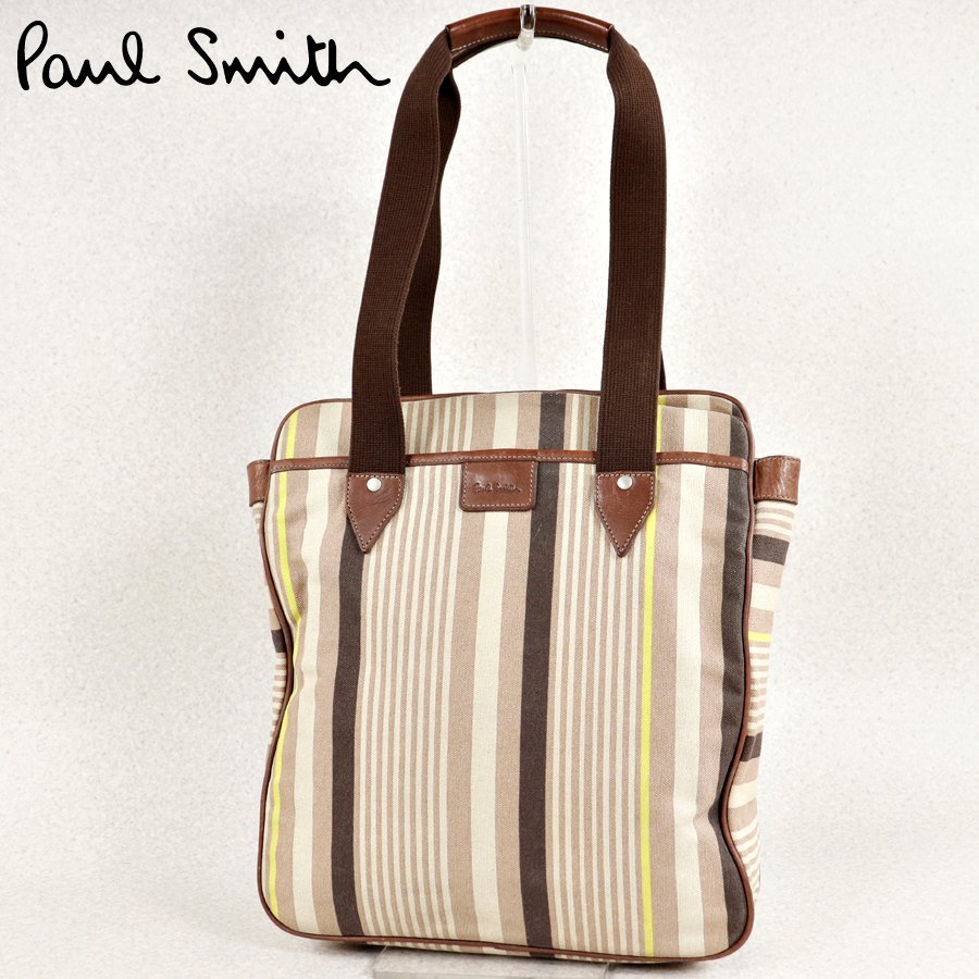 相場価格￥27，300- 美品 Paul Smith ポールスミス メインライン 牛革 部分レザー キャンバス トートバッグ マルチストライプ 肩がけ鞄-